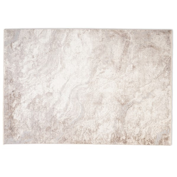 Full overhead view of the rectangular Aria abstract soft-touch rug featuring a fluid, marbled neutral design in beige and light grey tones.