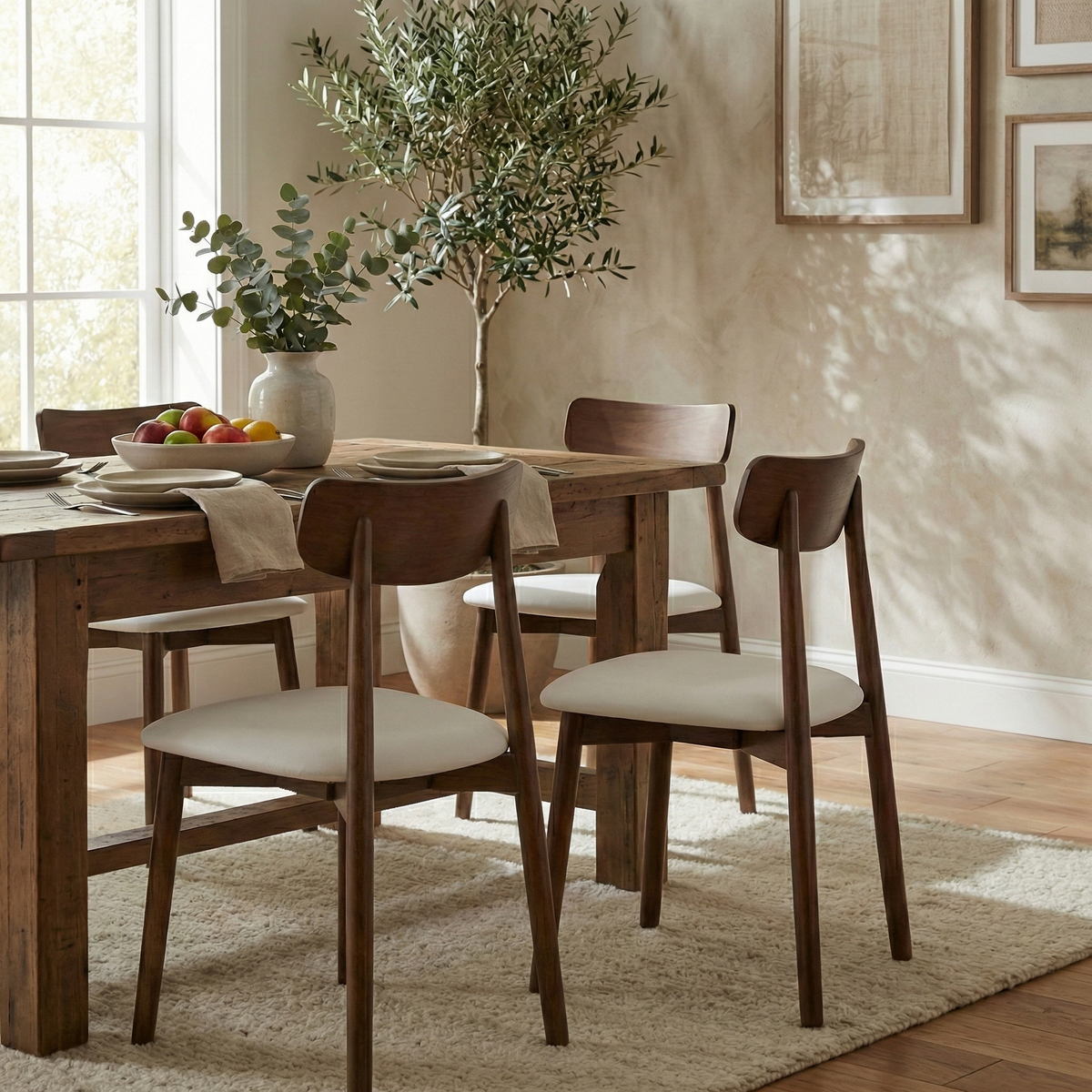 Set of Ash Classic dining chairs styled around a rustic wood table in a bright modern dining room with an olive tree