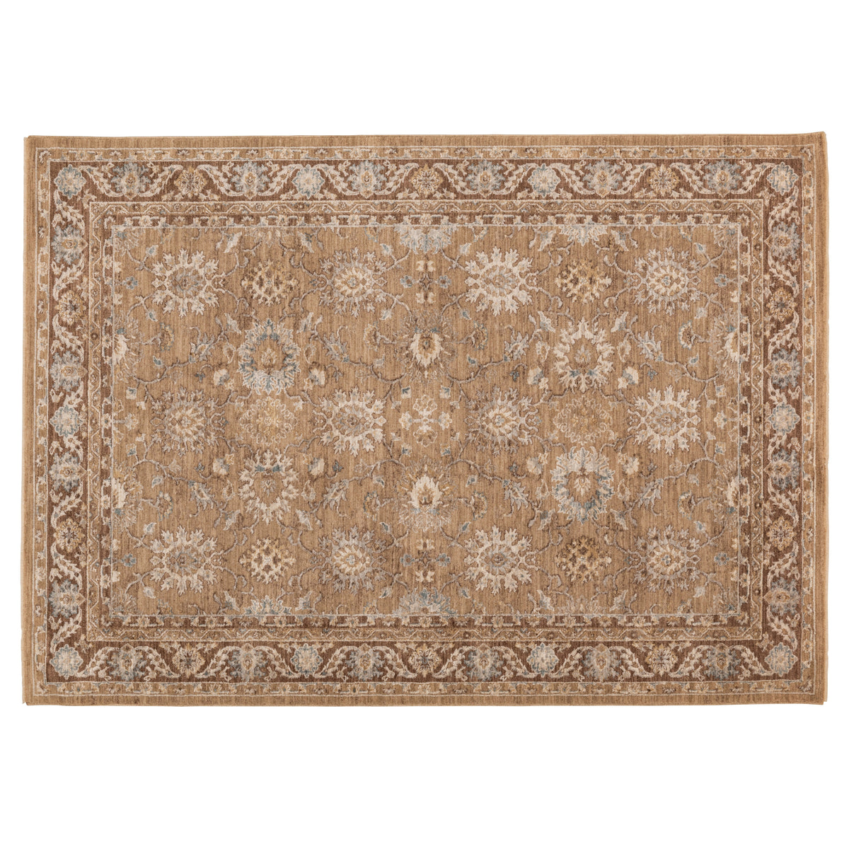 Full view of the Aurelia Vintage Floral Rug in Mocha with a warm brown field, ivory floral motifs and muted blue accents.
