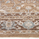Close-up of the Aurelia Vintage Floral Rug in Mocha showing its soft-touch floral pile in brown, ivory and muted blue.