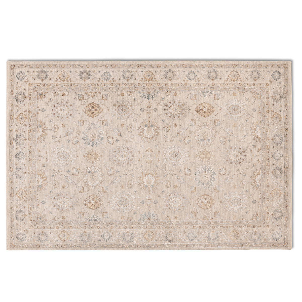 Full view of the Aurelia Vintage Floral Rug in Sand with a pale beige field, warm neutral floral motifs and muted blue accents.