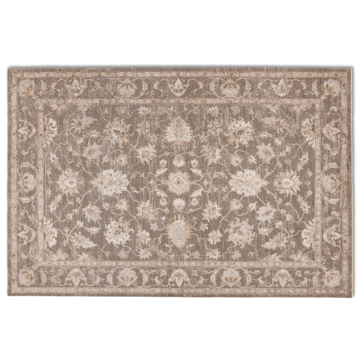 Full view of the Aurelia Vintage Floral Rug in Taupe with a grey-taupe field, ivory floral motifs and subtle blue accents.