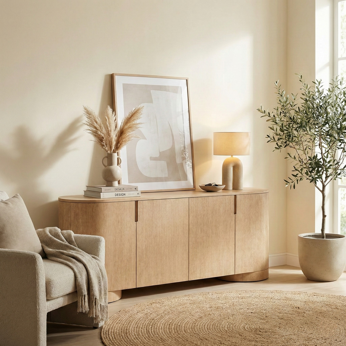 Aurelian oak buffet styled in a warm neutral room with a mushroom lamp and dried botanicals next to a beige armchair