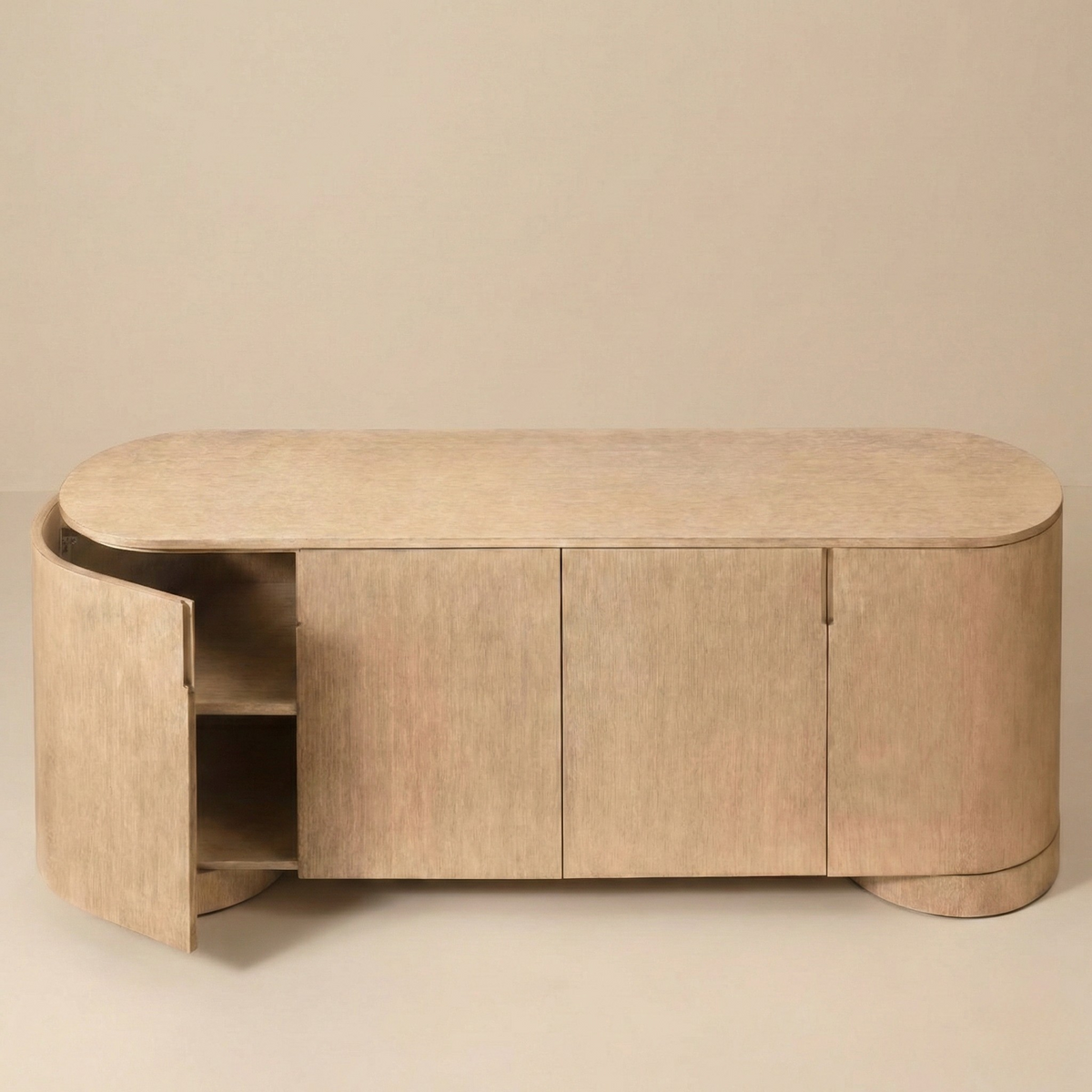 Aurelian sideboard with curved end door open displaying the interior storage shelf capacity