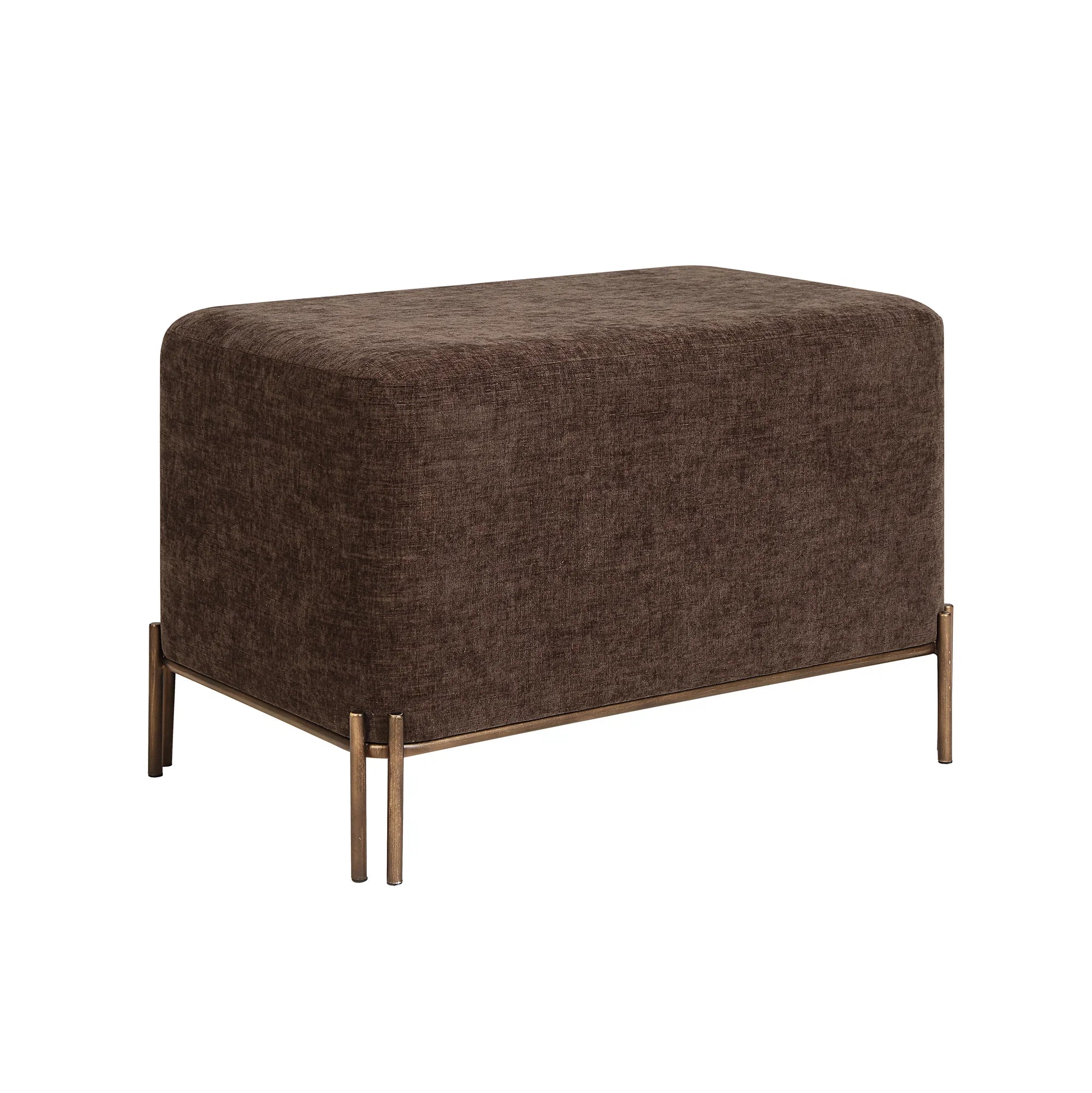 Angled view of the Aurelie Linen Accent Stool in brown with painted brass iron legs.
