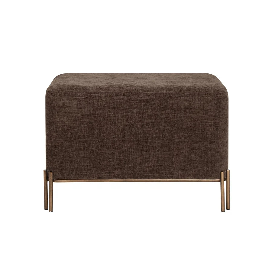 Front view of the Aurelie Linen Accent Stool in brown with painted brass iron legs.