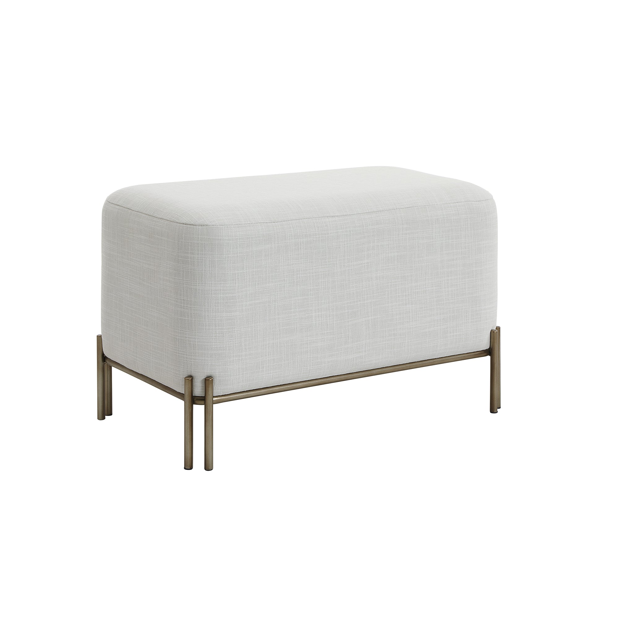 Angled view of the Aurelie Linen Accent Stool in white with painted brass iron legs.