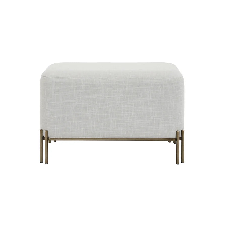Front view of the Aurelie Linen Accent Stool in white with painted brass iron legs.