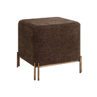 Angled view of the Aurelie Square Linen Accent Stool in brown with painted brass iron legs.