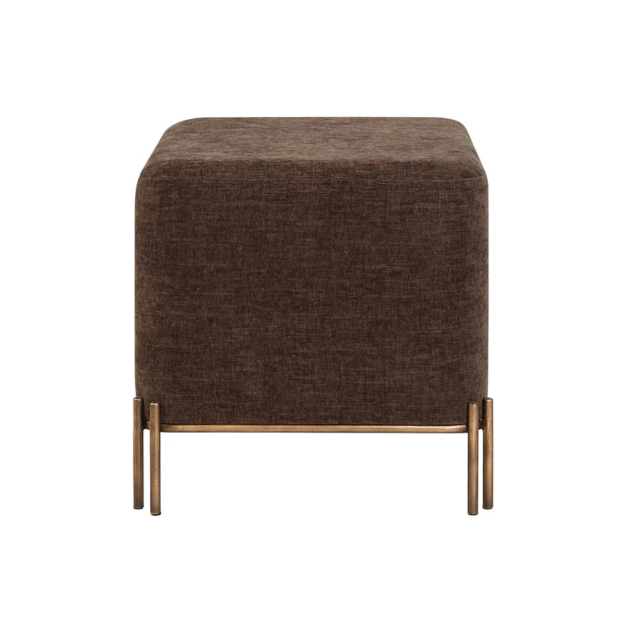 Front view of the Aurelie Square Linen Accent Stool in brown with painted brass iron legs.