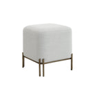 Angled view of the Aurelie Square Linen Accent Stool in white with painted brass iron legs.