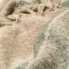 Close-up of textured fabric with tassels and a patterned border.