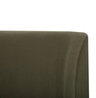 Close-up of a dark olive green upholstered Aveline Velvet Bed corner showing the fabric texture against a white background.