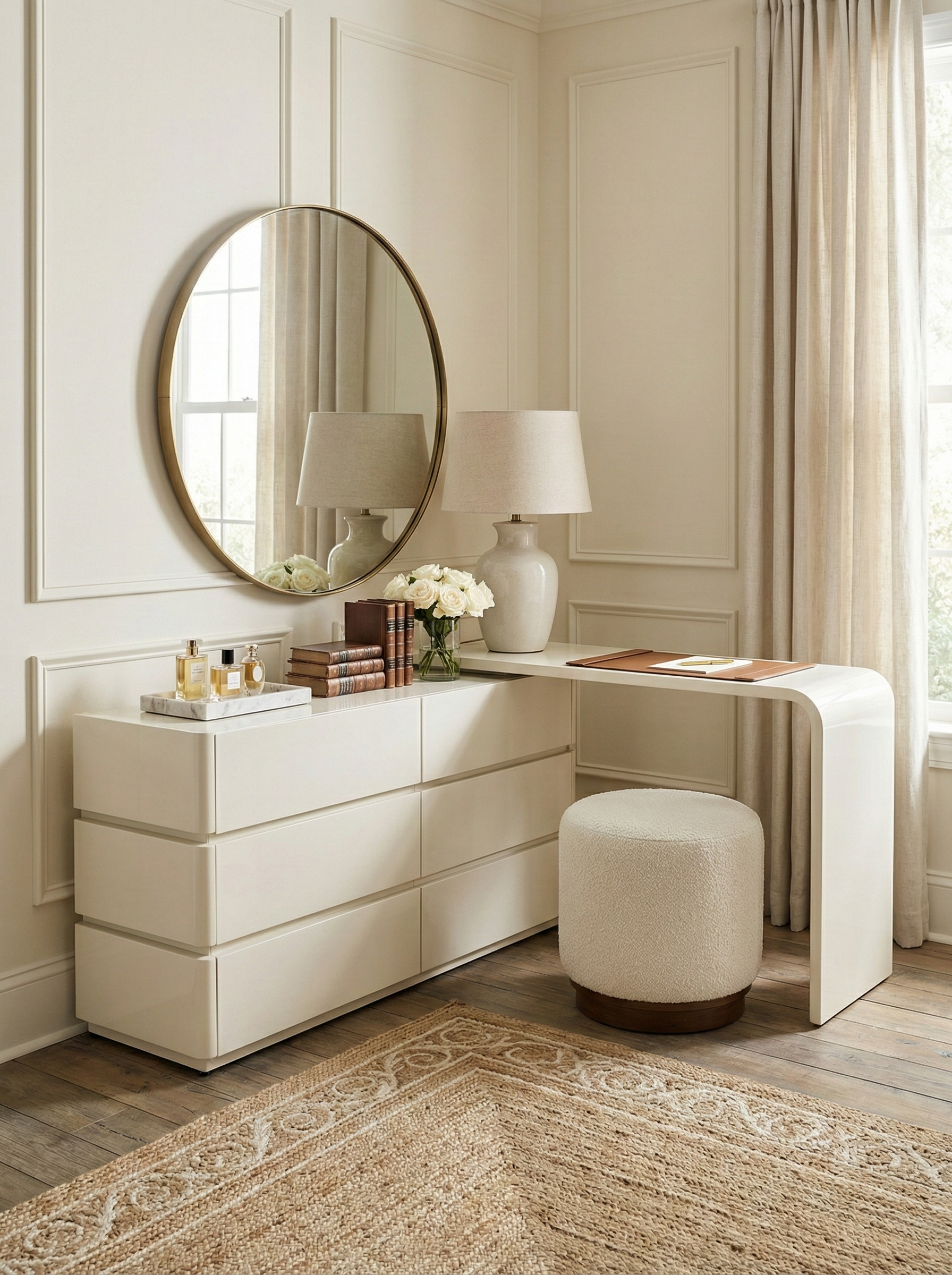 Avina Vanity & Dresser Set – Modern Curved Makeup Desk with Storage – Line & Grain
