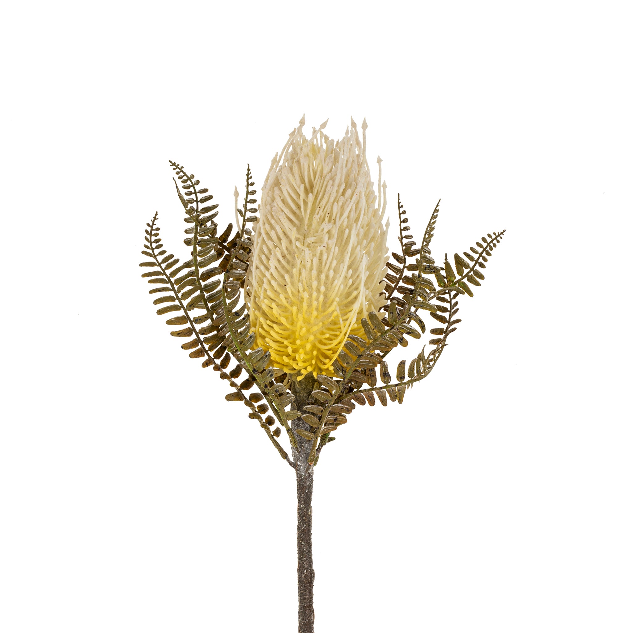 Artificial flower arrangement with a yellow center and green leaves on a white background