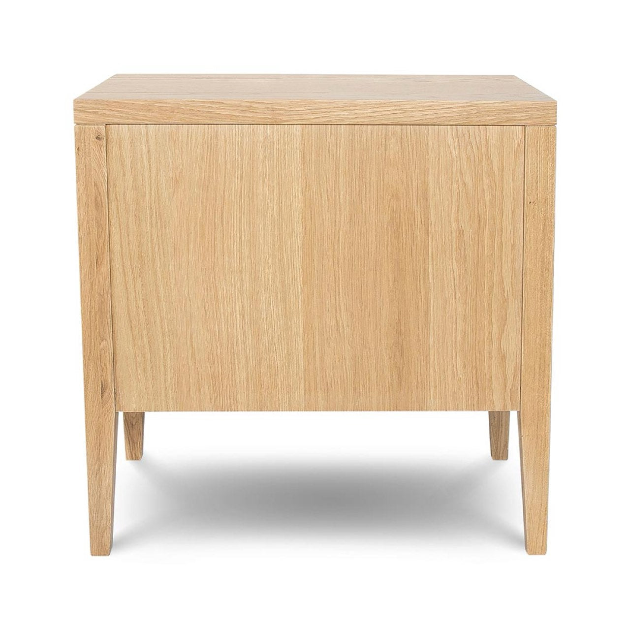 The back view of the Beaumont 3-Drawer Nightstand, showing the finished wood paneling and rear leg construction.