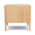 The back view of the Beaumont 3-Drawer Nightstand, showing the finished wood paneling and rear leg construction.