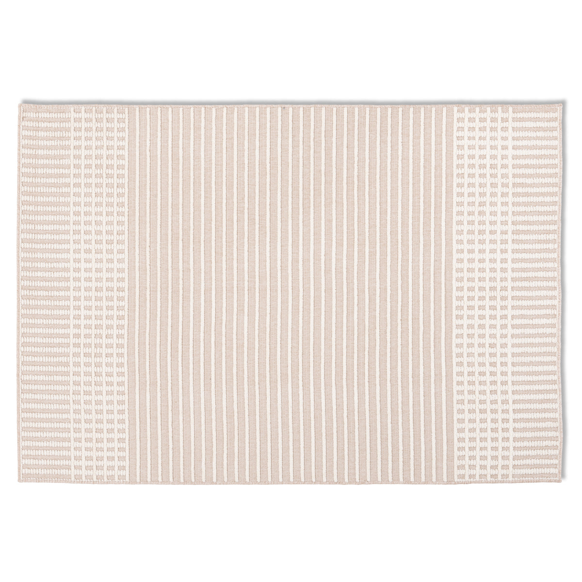 Full overhead view of the rectangular Beckett textured stripe rug featuring horizontal stripes and patterned borders in soft neutral tones