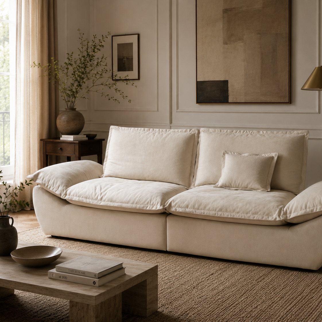 The sailing-shaped modular sofa styled in a cozy, organic modern living room with a jute rug and travertine table.