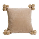 Beige velvet square cushion with pom-pom corner clusters