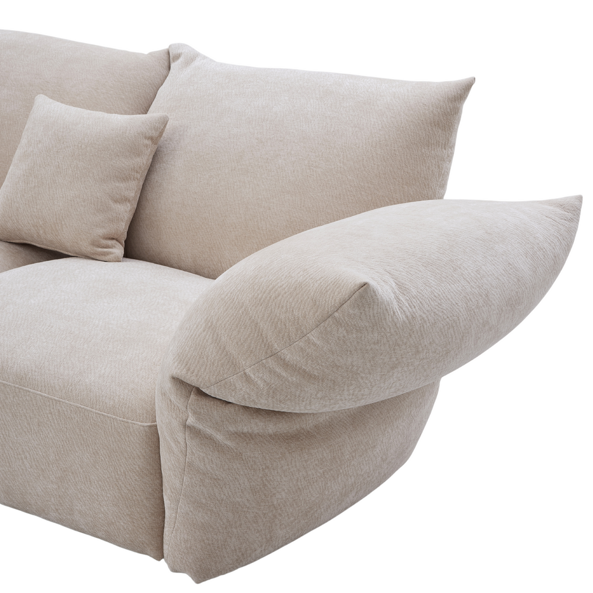 Angled close-up of the Blooming Embrace Modular Sofa showing the curved adjustable armrest and back cushions in Pearl White chenille on a white background