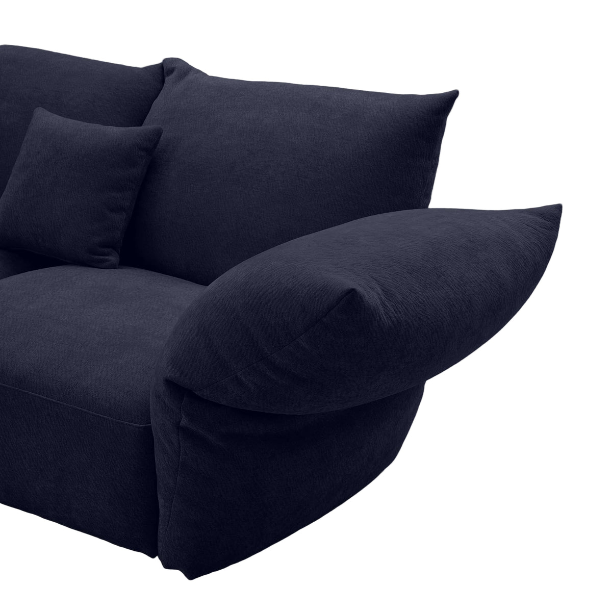 Angled close-up of the Blooming Embrace Modular Sofa showing the curved adjustable armrest and back cushions in Serenity Blue chenille on a white background
