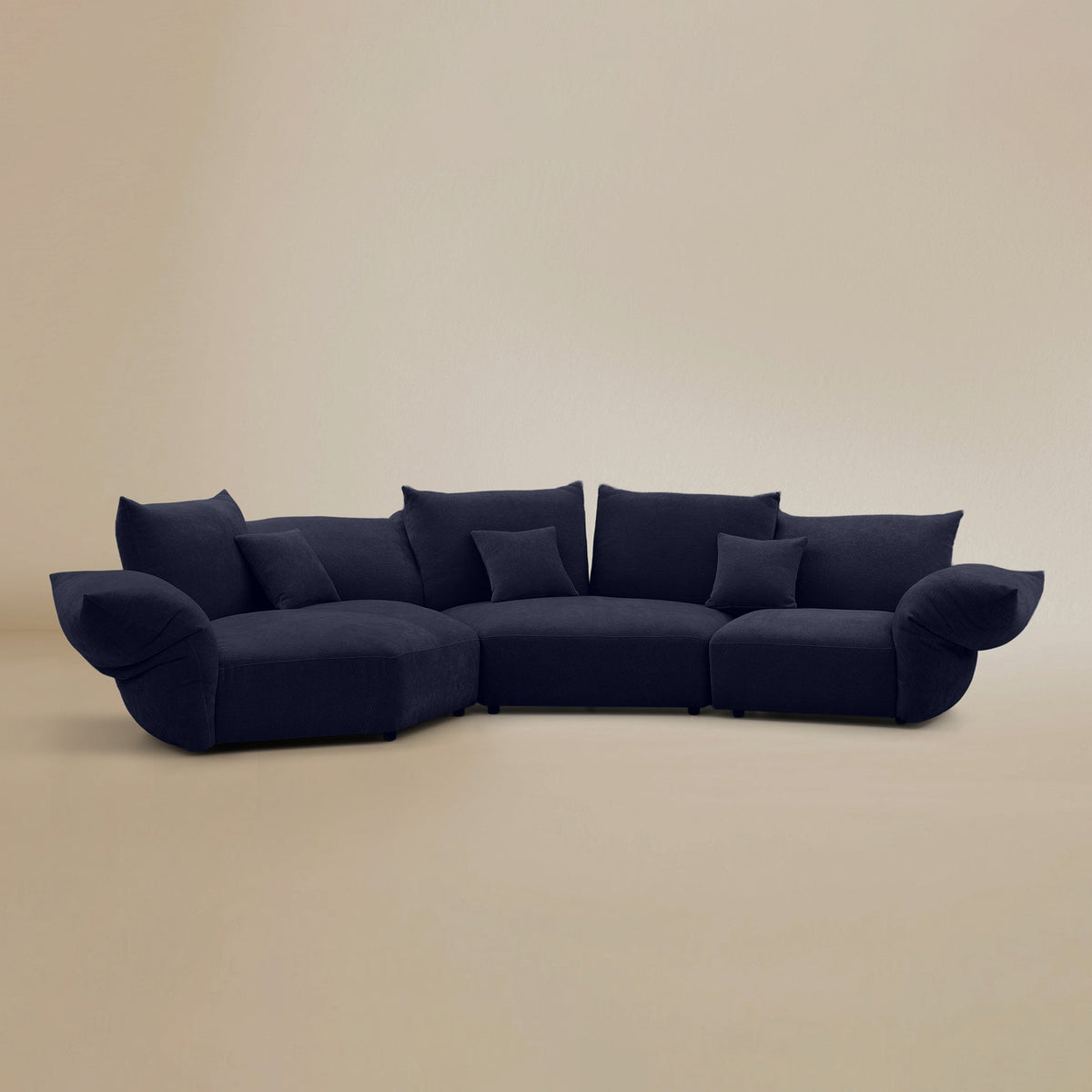 Front view of the Blooming Embrace Modular Sofa, Combo A, in Serenity Blue chenille on a beige studio background