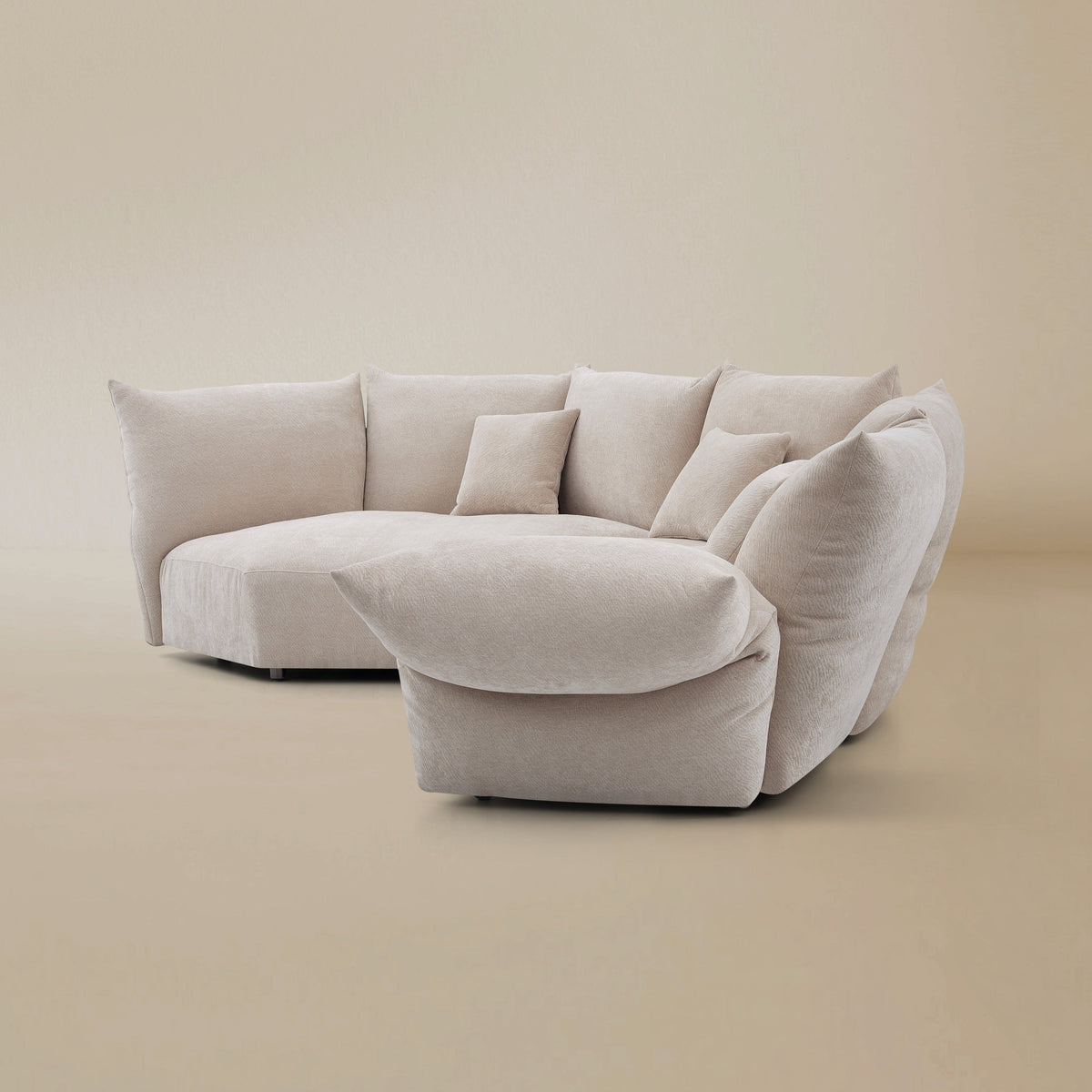 Side view of the Blooming Embrace Modular Sofa, Combo A, in Pearl White chenille on a beige studio background