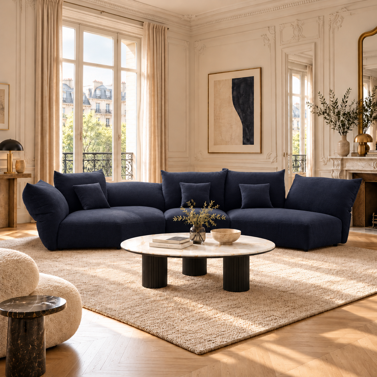 Blooming Embrace Modular Sofa, Combo B, in Serenity Blue chenille in a sunlit Parisian-style living room with wall mouldings and a round stone coffee table