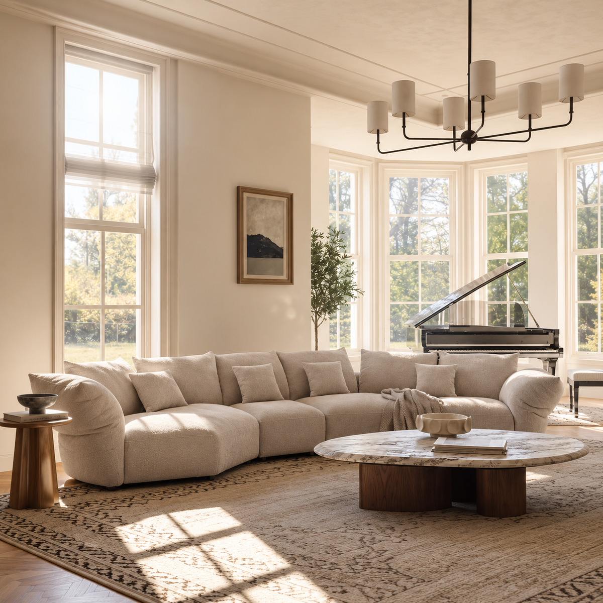 Blooming Embrace Modular Sofa, Combo C, in Pearl White chenille in a bright living room with tall windows, a grand piano and a round stone coffee table