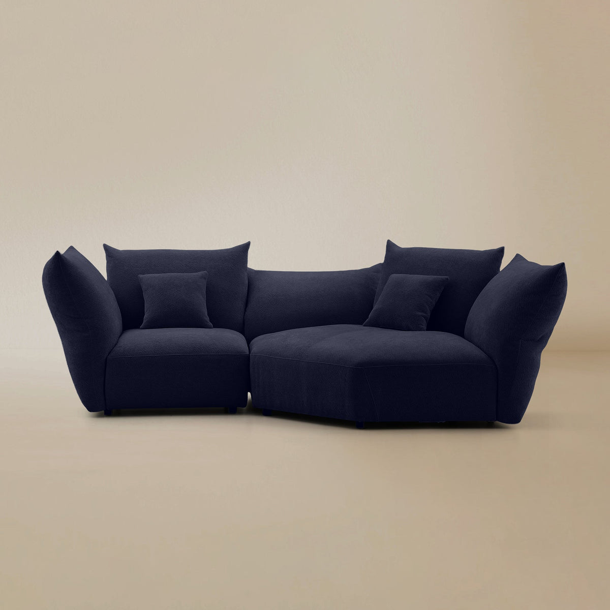 Front view of the Blooming Embrace Modular Sofa, Large Chaise with One Seater, in Serenity Blue chenille on a beige studio background