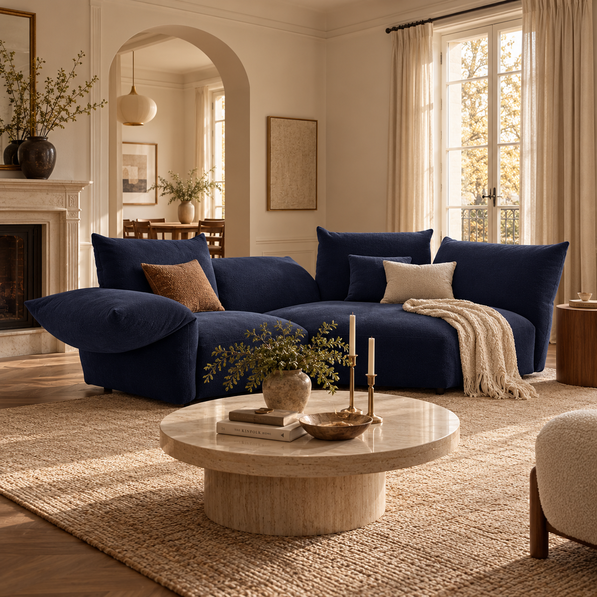 Blooming Embrace Modular Sofa, Large Chaise with One Seater, in Serenity Blue chenille in a sunlit living room with an arched doorway, fireplace and round stone coffee table