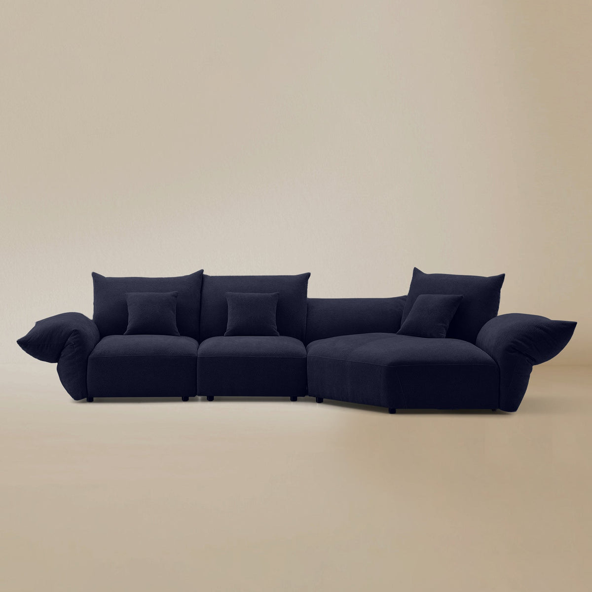Front view of the Blooming Embrace Modular Sofa, Large Chaise with Two Seater, in Serenity Blue chenille on a beige studio background