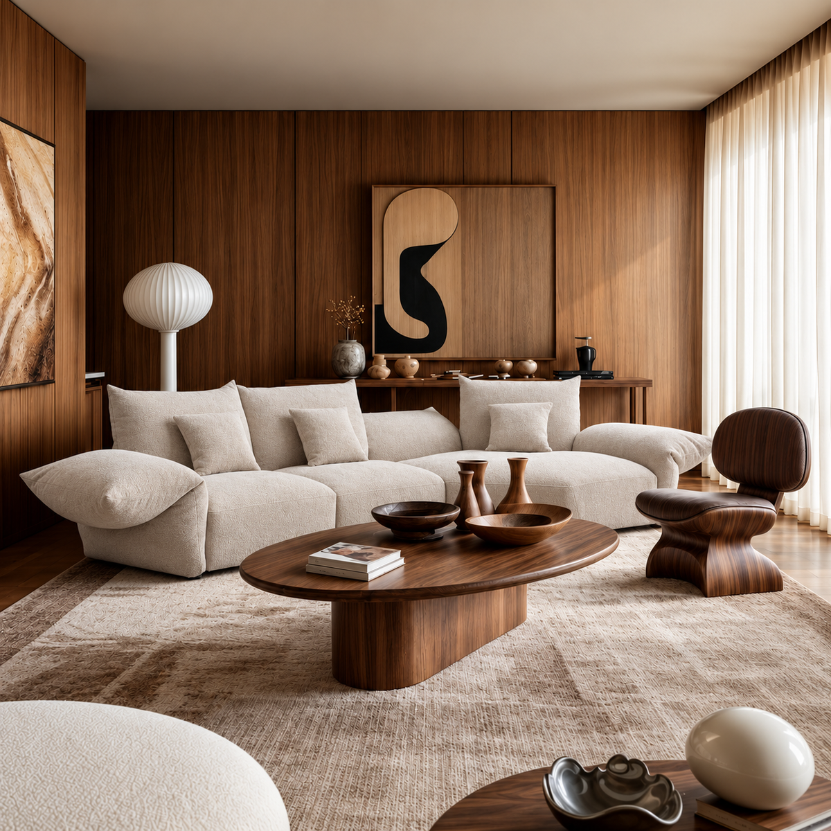 Blooming Embrace Modular Sofa, Large Chaise with Two Seater, in Pearl White chenille in a warm living room with wood-panelled walls and an oval wooden coffee table