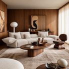 [Pearl White / Blooming Large Chaise with Two Seater (134"-152")] Blooming Embrace Modular Sofa, Large Chaise with Two Seater, in Pearl White chenille in a warm living room with wood-panelled walls and an oval wooden coffee table