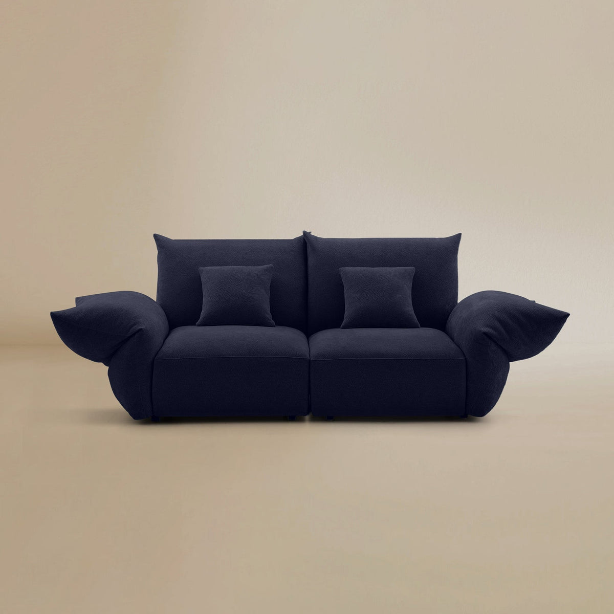 Front view of the Blooming Embrace Modular Sofa, Two Seater, in Serenity Blue chenille on a beige studio background
