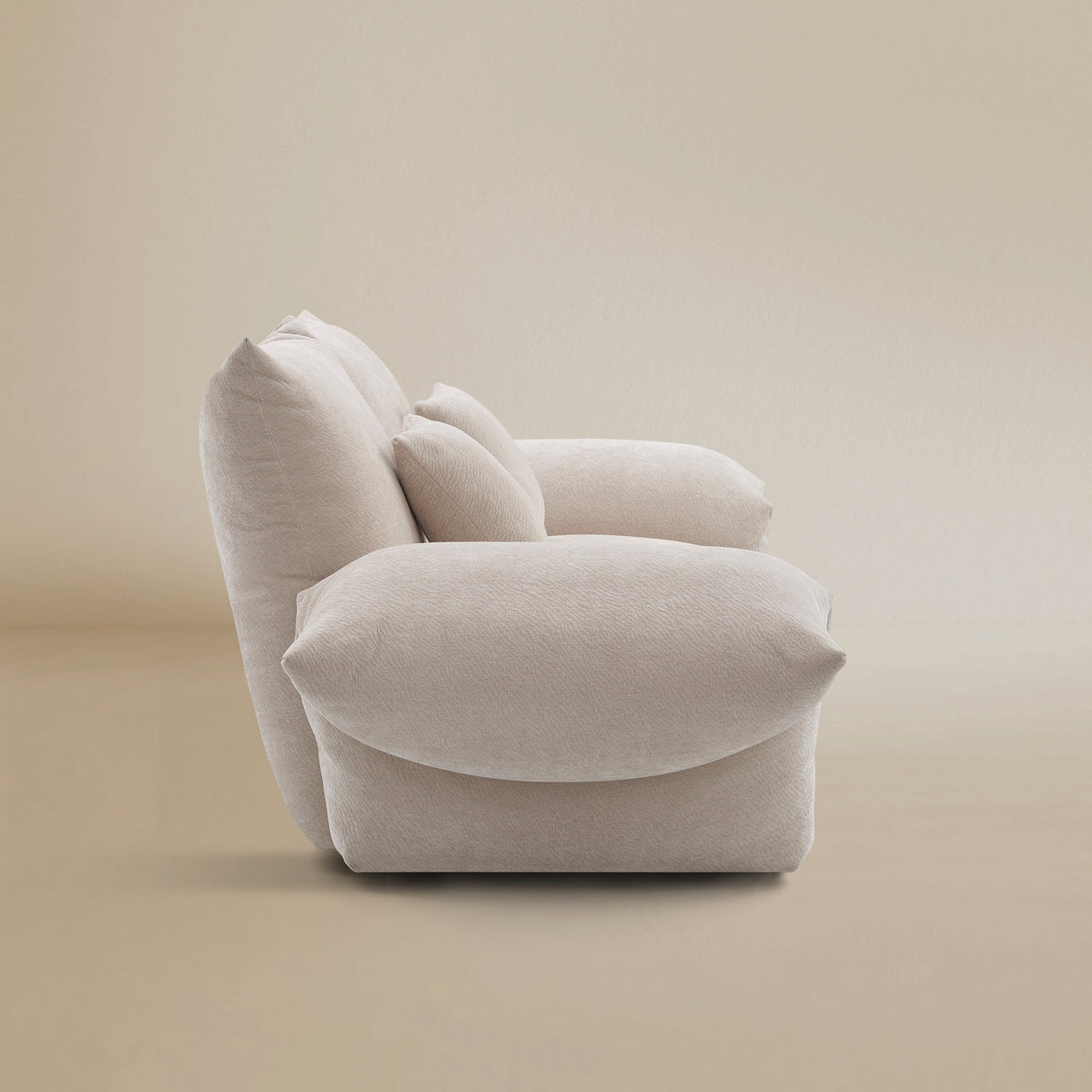Side view of the Blooming Embrace Modular Sofa, Two Seater, in Pearl White chenille on a beige studio background