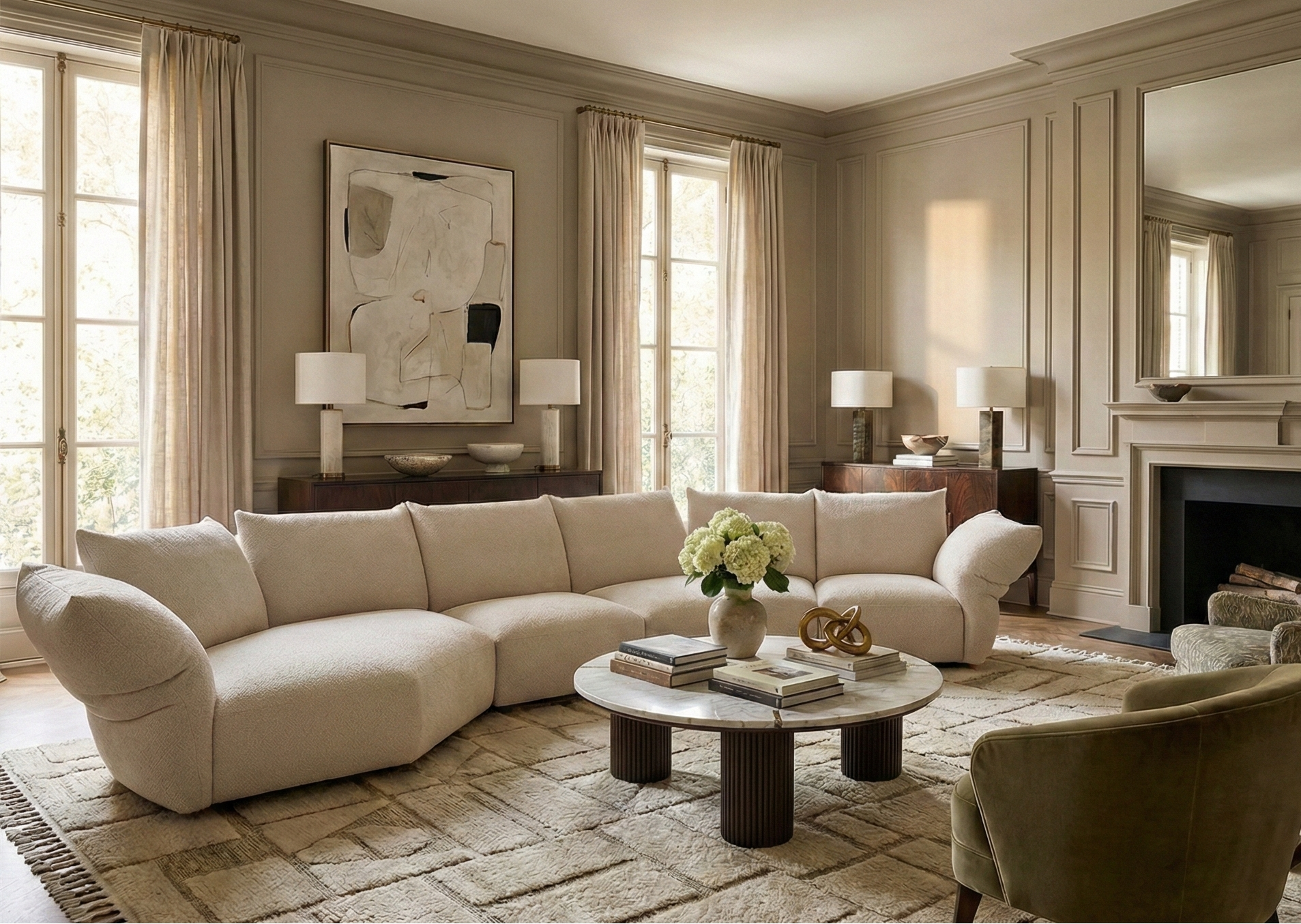 Luxurious living room with beige sectional sofa, coffee table, and decorative elements.