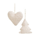 Two textured off-white holiday ornaments, one in the shape of a heart and one in the shape of a pine tree, both hanging from thin natural twine loops against a solid white background.
