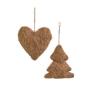 Two brown felt Christmas tree and heart ornaments hanging by natural jute strings against a plain white background.