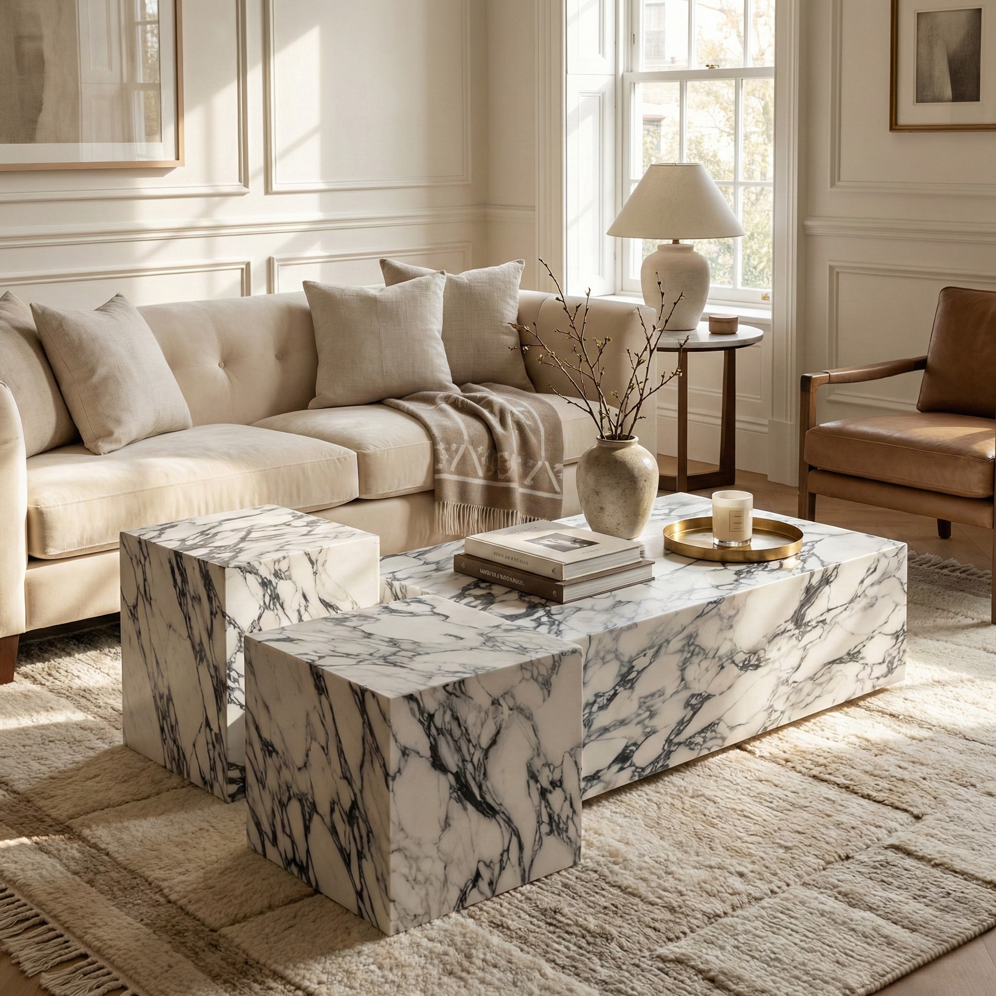 Luxury neutral living room centering a monolithic stone coffee table cluster set with dramatic grey and burgundy veining.
