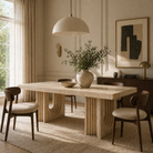 A dining room set with a natural travertine dining table and four chairs.