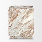 Three-quarter view of the Calista Marble Plinth Side Table showing the polished square top, front and side marble surfaces.