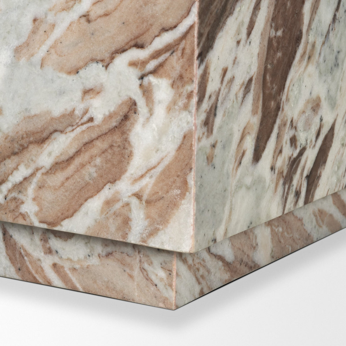 Close-up of the Calista Marble Plinth Side Table recessed marble base and lower corner detail.