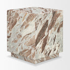 Straight-on view of the Calista Marble Plinth Side Table highlighting the square silhouette and recessed plinth base.