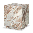Front view of the Calista Marble Plinth Side Table showing its square block form, recessed marble base and natural cream and blush-brown veining.