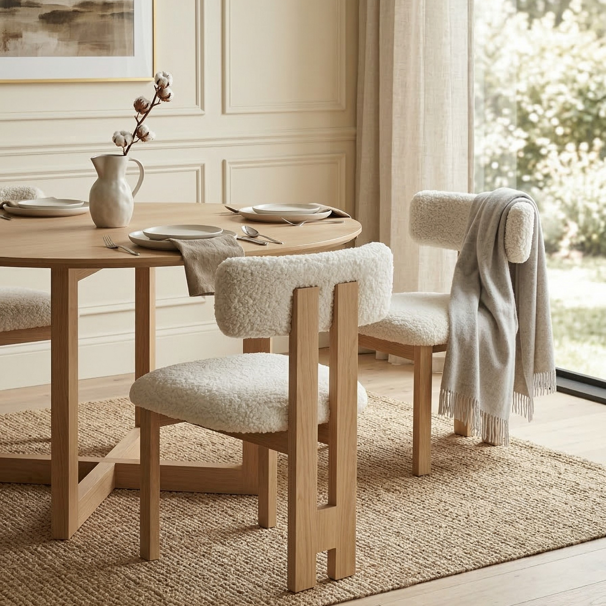 White bouclé and natural ash wood dining chairs styled around a matching light wood round dining table in a bright, airy dining room next to a large window...
