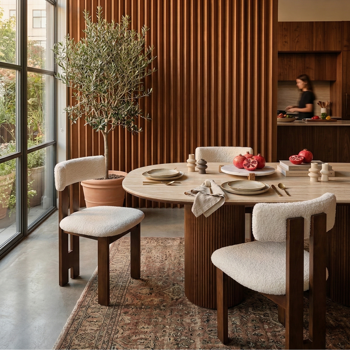 White bouclé dining chairs with dark wood frames styled at a round table in a contemporary open-concept space featuring a fluted wood accent wall featuring...
