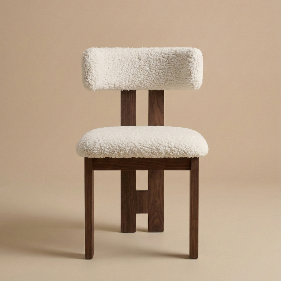 Front view of the modern dining chair featuring a dark ash wood frame with a unique central back leg and a textured white bouclé seat featuring the Casper...