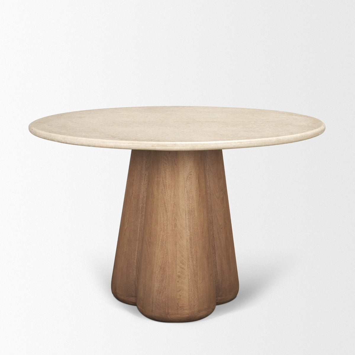 Three-quarter view of the Caspia marble dining table and sculptural wood base